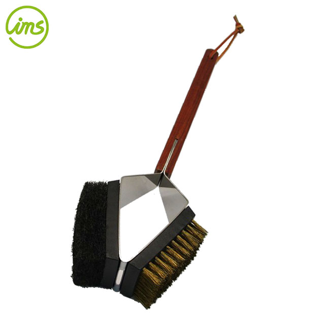 bbq grill brush scrubber with long wooden handle | heavy duty cleaner